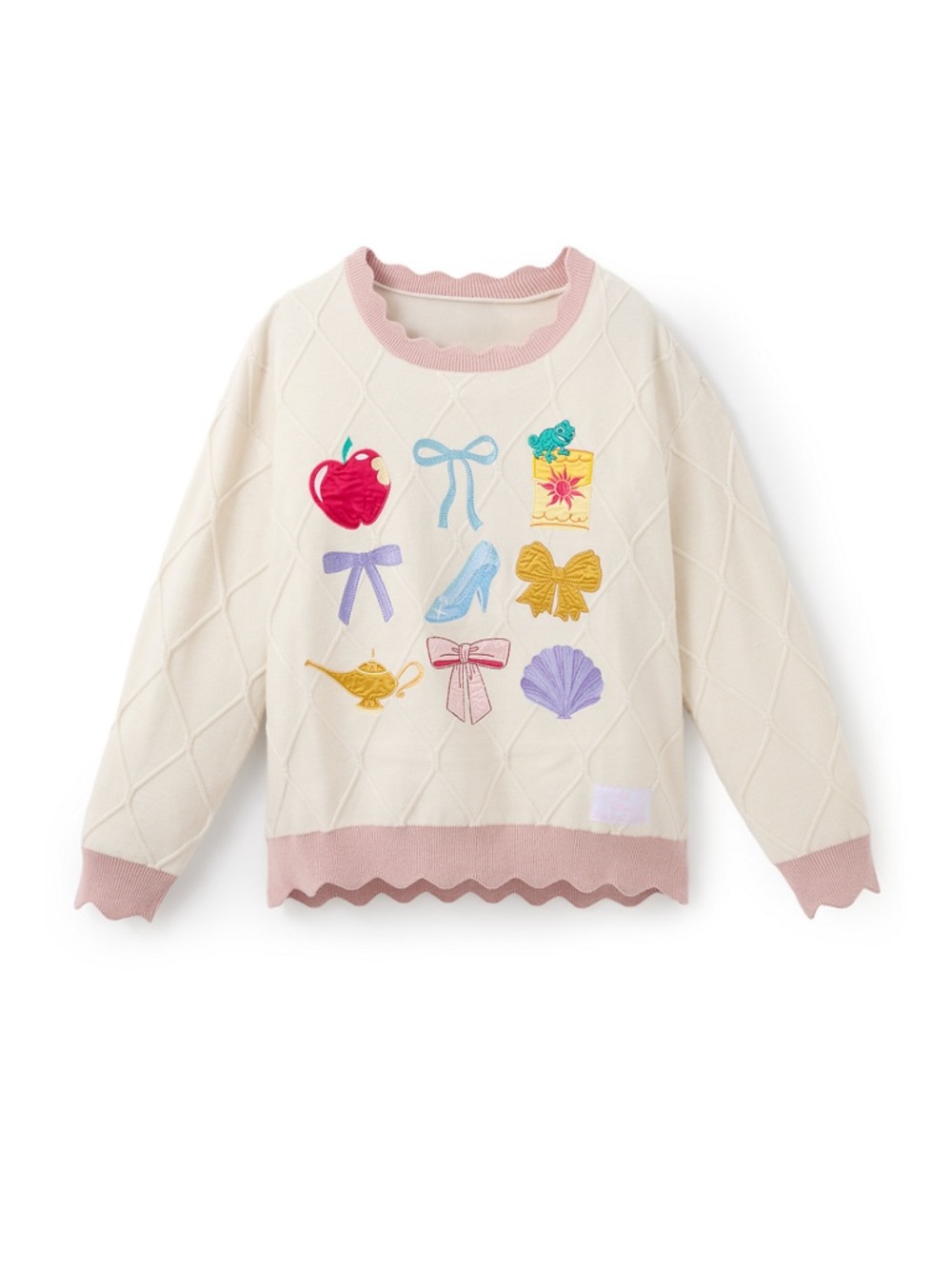 NEW Disney Cream Knit Sweater with Pink Trim & Colorful Embroidered Motifs